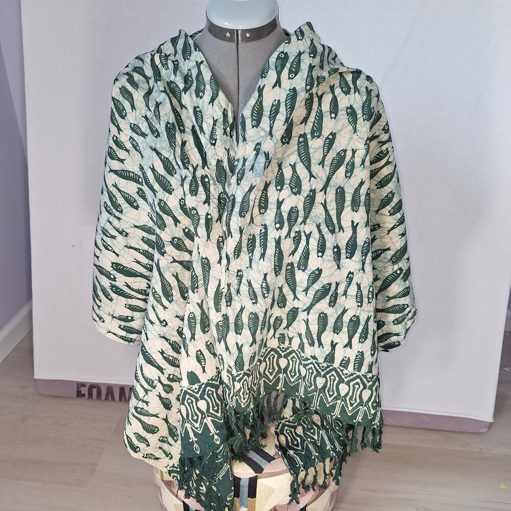 Boho Fish Print Fringe Shawl Wrap 60x20 Batik Hand Block Art to Wear Green Blue